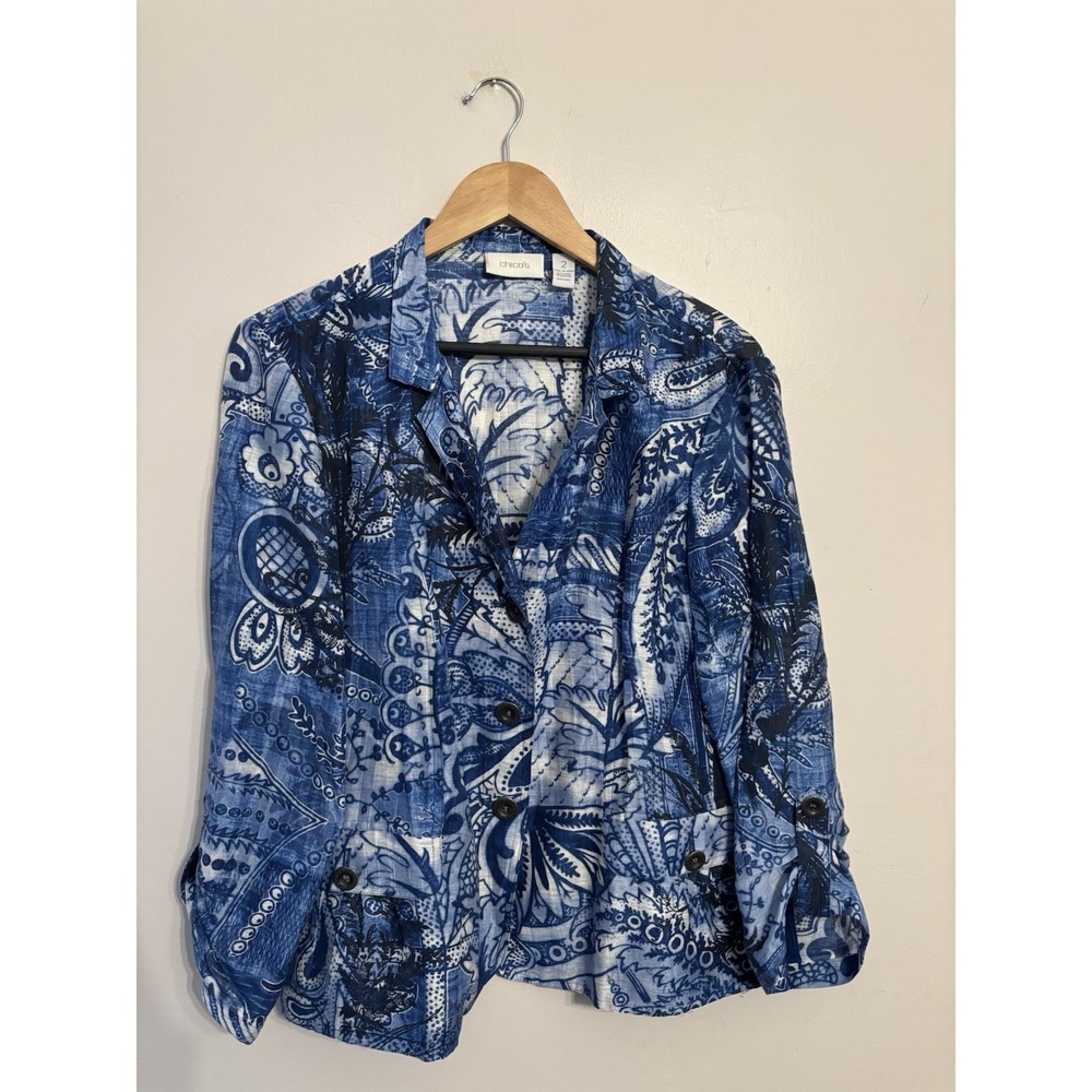 Chico's Womens Blue Button Up Linen Blend Blouse Pockets Long Sleeve Size 12